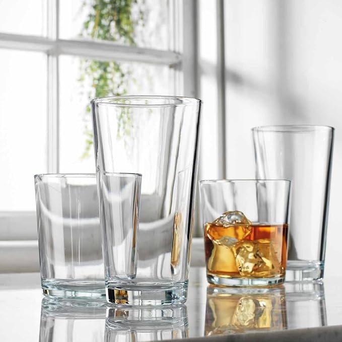 Glaver's Drinking Glasses Set of 12. Glassware set, 6 Highball Glass Cups, 6 Whiskey glasses. Classic Drinkware Set 17 oz Tall Glasses Set and 13 oz Rock Glasses.
