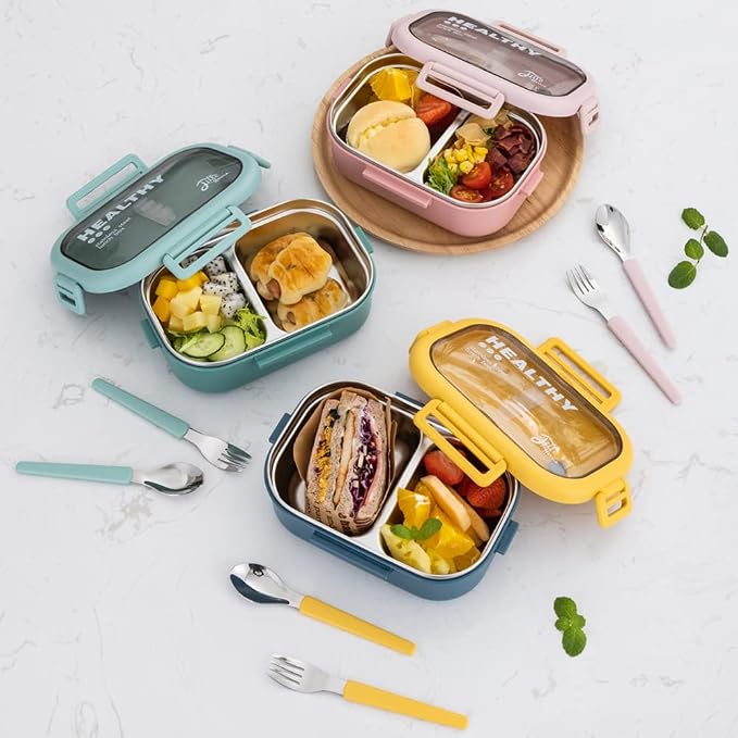 Lille Home 28oz Stainless Steel Leakproof 2-Compartment Bento Lunch Box | Portion Control Metal Lunch Box Food Container with Lunch Bag and Cutlery Set, BPA Free (Blue)
