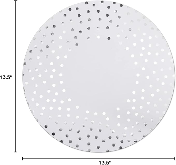50 Pcs 14 Inch White and Silver Foil Paper Place Mats Silver Polka Dots Round Placemats Disposable Decorative Table Mats for Wedding Banquet Party Home Dining Table Decor