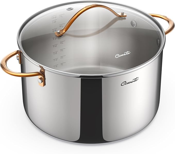Ciwete 8 Quart Stock Pot with Lid, Upgraded Tri-Ply Stainless Steel Pot, Seamless Soup Pot with Stay-Cool Brass Handle, Healthy Polished Stockpots, Induction Cookware, Oven and Dishwasher Safe