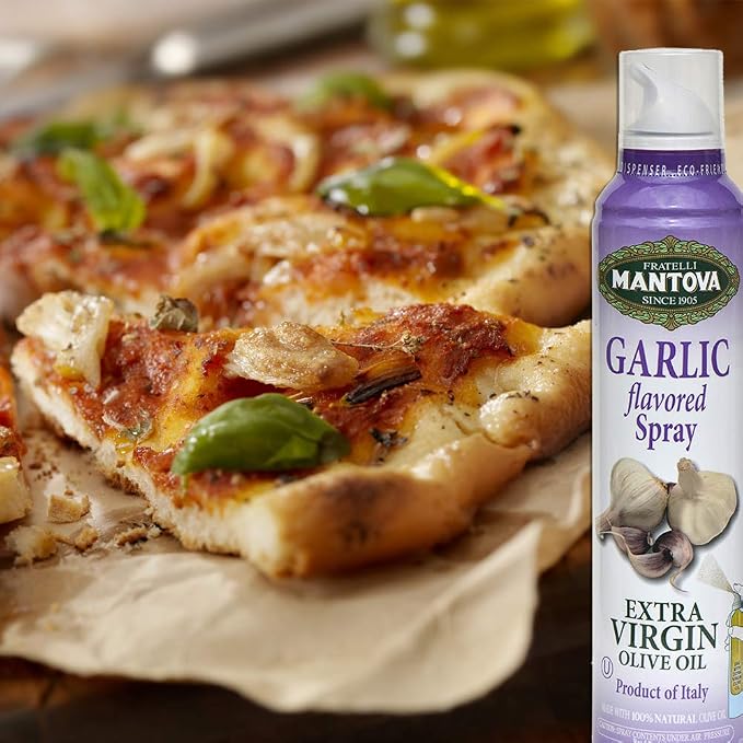 Mantova Extra Virgin Olive Oil Spray Garlic Flavored 8 oz. Spray Bottle - Manage Oil Amount - Great For Salads & Cooking (Pack of 2)