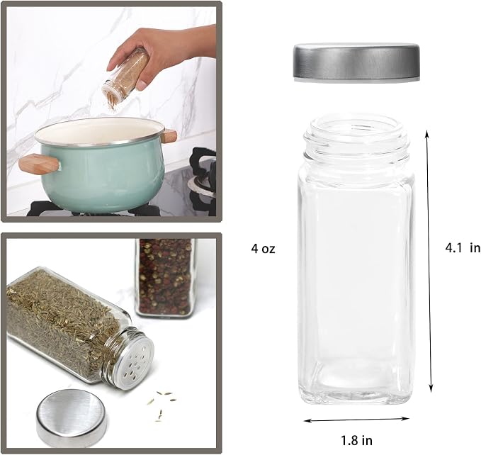 Tianifa 6pcs Spice Jars, 4 oz Glass Seasoning Bottles, Spices Container, Empty Spice Jars, Square Spice Bottles with Airtight Stainless Steel Caps with Shaker Lid