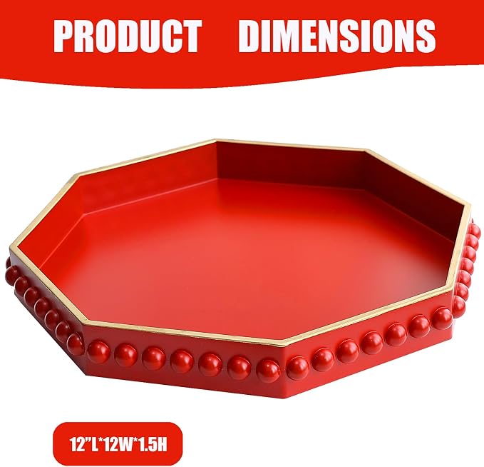 Red Serving Tray for Coffee Table, Octagonal Beaded Plastic Decorative Tray for Ottoman, Kitchen Counter, Living Room, Outdoor Lacquer Tray for Entertaining