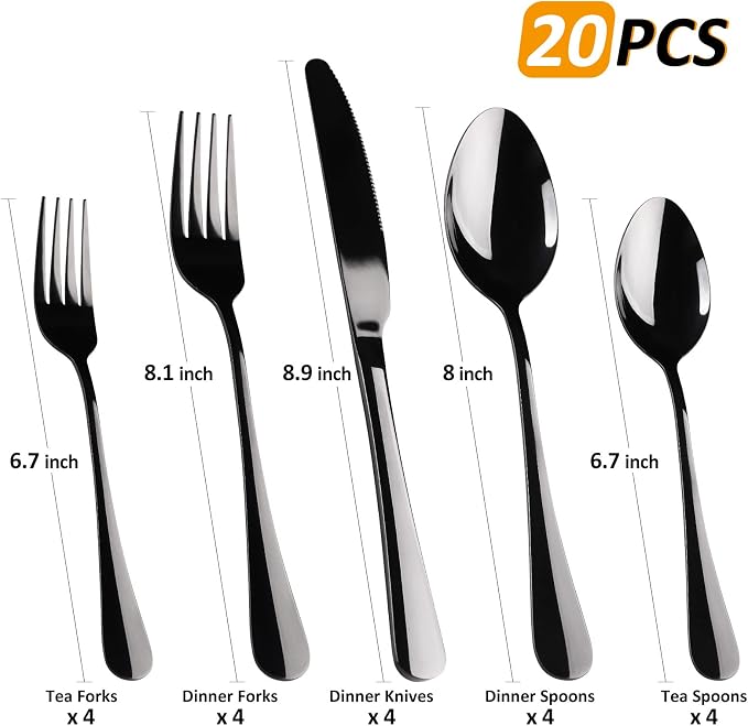 Black Silverware Set for 4, SANLUNS 20-Pieces Spoons Forks Knives Set,Flatware Set,Stainless Steel Tableware Cutlery Fine Dining Utensils Set,Great for Family Gatherings & Daily Use Dishwasher Safe