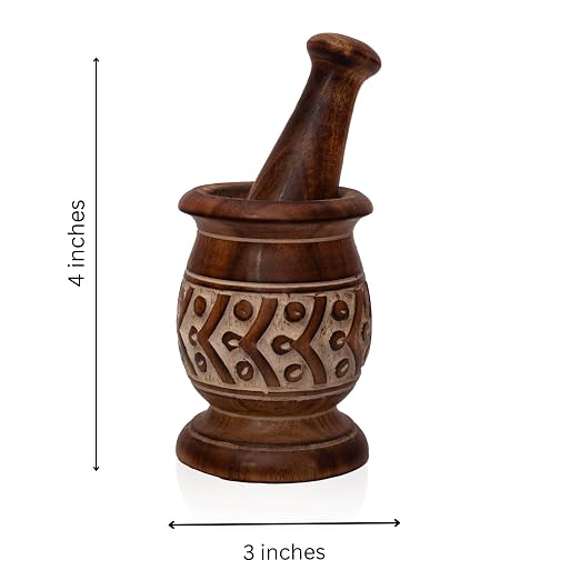 Handmade Wooden Mortar & Pestle Set, Herb Spice Garlic Masala Grinder Bowl | Rustic manual kharal crusher for ginger, peppercorns, seasonings, pesto, guacamole, pill crusher, easy to clean, kitchen prep