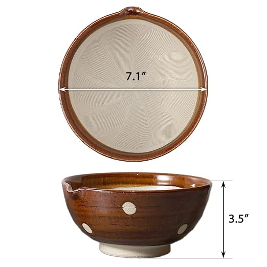 Japanese Ceramic Ripple Ridge Mortar & Pestle Suribachi Bowl and Surikogi Set with Spout 7.1 inches Made in Japan (Brown)