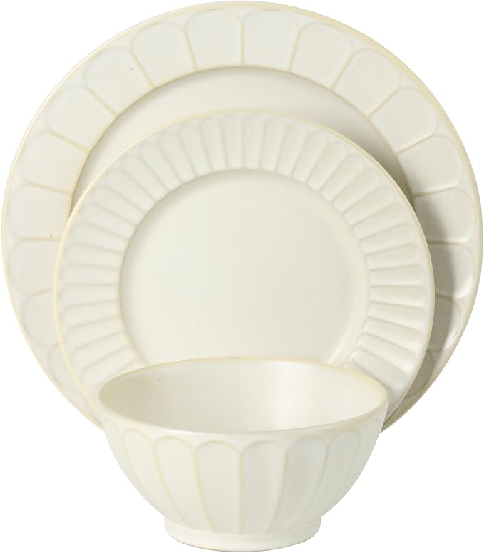 Gibson Elite Winchester Way 12-Piece Embossed Stoneware Dinnerware Set – Reactive Matte Glaze, Durable Lightweight-Tech Plates & Bowls, Everyday Dish Set, Microwave & Dishwasher Safe – Off-White