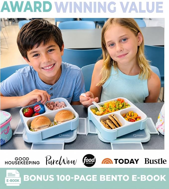kinsho Bento Boxes for Kids, Lunch Box Snack Containers for Boys Girls Toddler Daycare School Travel, Leak Proof 3 Divider Portion Control Containers BPA Free - Pastel Blue +Teal 2 Pack Set