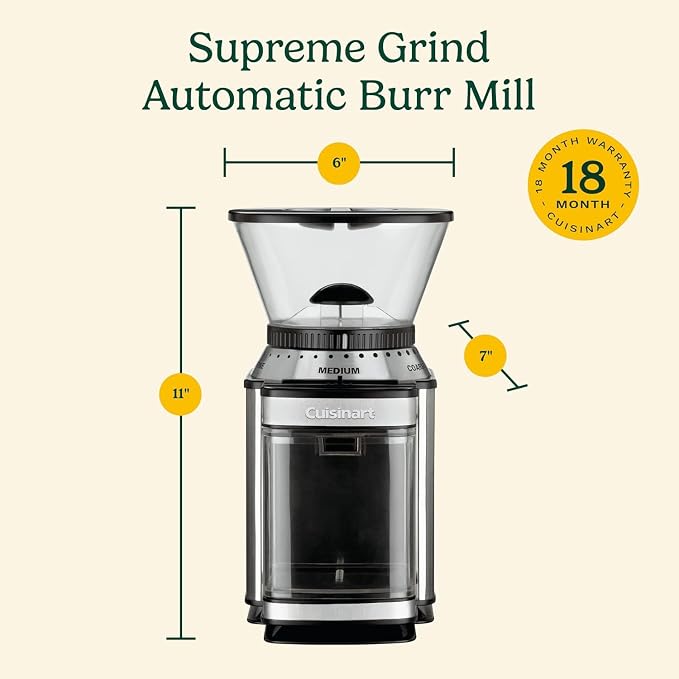 Cuisinart Coffee Grinder, Electric One-Touch Automatic Burr Coffee Grinder with 18-Position Grind Selector, Cup Size Selector for 4 – 18 Cups, Black Stainless Steel