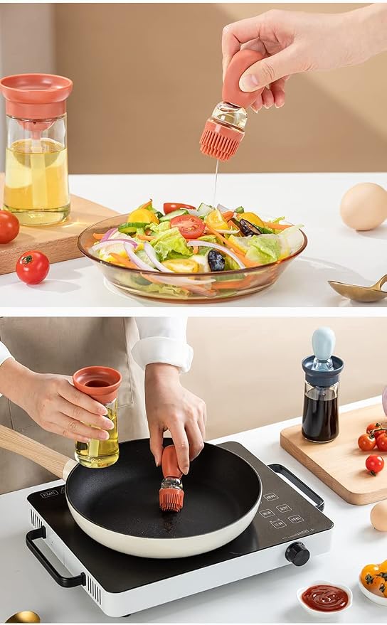 Oil Dispenser with Brush - 2 Pack Olive Oil Dispenser, 2 IN 1 Oil Dispensing Bottle with Basting Brush for Cooking Frying Baking Kitchen, T-OB21 Grey+Green