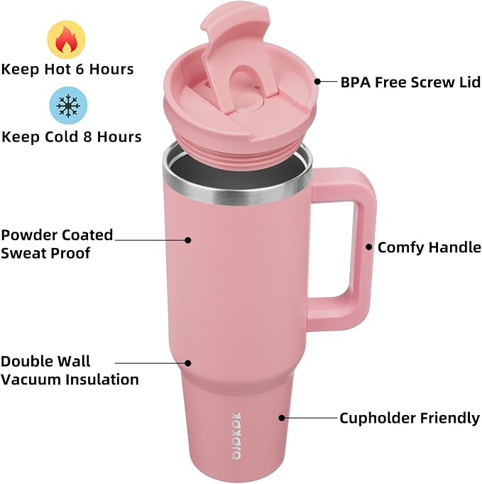 BJPKPK 40 oz Insulated Tumbler with Handle & Straw, Stainless Steel | Double Wall Vacuum Insulation, Leak Proof, BPA Free, Dishwasher Safe, Cupholder Friendly, Travel & Outdoor, Light Pink