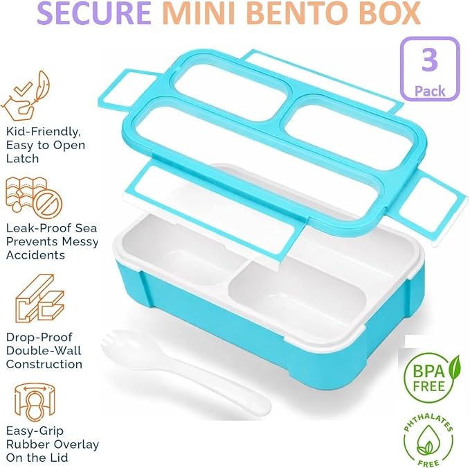 kinsho Small Snack Box Containers for Kids, Set of 3 (Pink+ Purple+ Coral) | 3 Compartments, Leak-Proof, Spill Proof, BPA-Free Reusable Small Mini Bento Lunch Box for Daycare School Travel, Holds 2 Cups