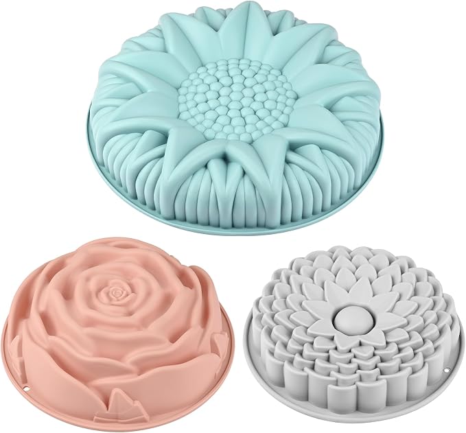 3 Pack Flower Shape Silicone Cake Molds, Large Round Silicone Molds for Baking Cake, Breads, Pies, Tarts (Rose, Chrysanthemum, Sunflower)