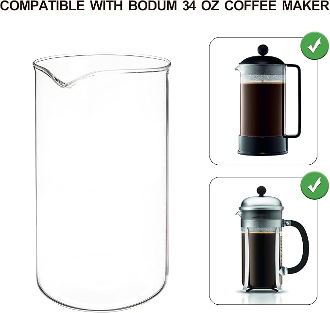 French Press Glass Replacement for Bodum, 34 Ounce, 1 Liter, Dishwasher Safe