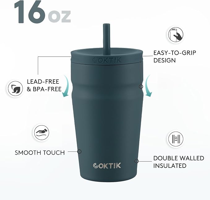 COKTIK 16oz Insulated Tumbler with Lid and Straw Iced Coffee Cup Reusable Stainless Steel Travel Mug Water Bottle Cupholder Friendly for Women Men Her Him (Twilight Fog)