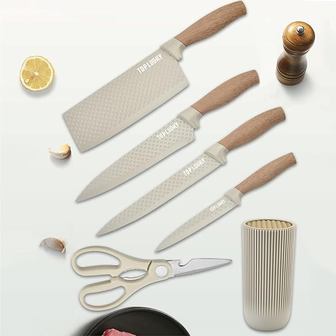 Kitchen Knife Set, Retrosohoo 6-Pieces Khaki Sharp Knife Block Sets for Kitchen, Non-stick Non-slip Stainless Steel Chef knives with Universal Block Suitable for Home Restaurant (Khaki)