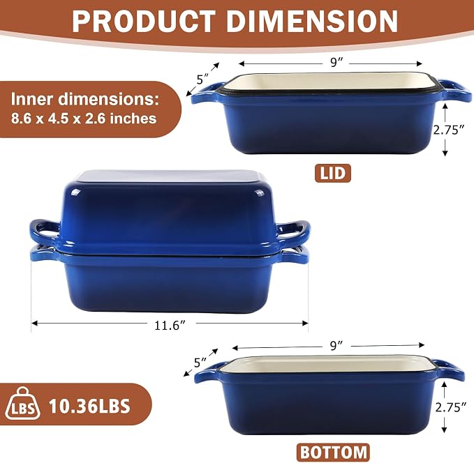 9 x 5 Inch Bread Pan Enameled Cast Iron Loaf Pan with Lid for Baking Blue | 2 in 1 Non-stick Sourdough Bread Loaf Pan for Homemade Bread, Oven & Stovetop Safe for Gas, Electric & Induction