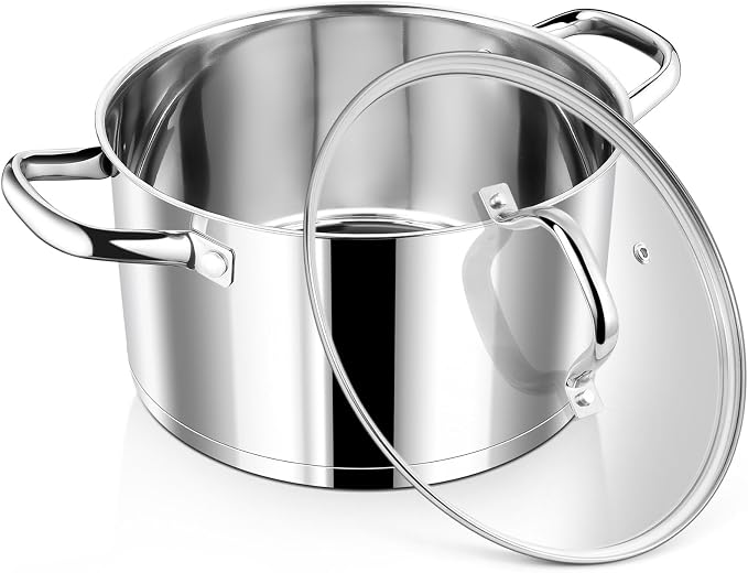P&P CHEF 6 Quarts Stock Pot with Lid, Stainless Steel Stockpot for Cooking | Cooking Pot for Soup, Pasta, Tri-Ply Bottom for Induction, Gas, Ceramic, Glass Lid & Double Handle, Dishwasher Safe