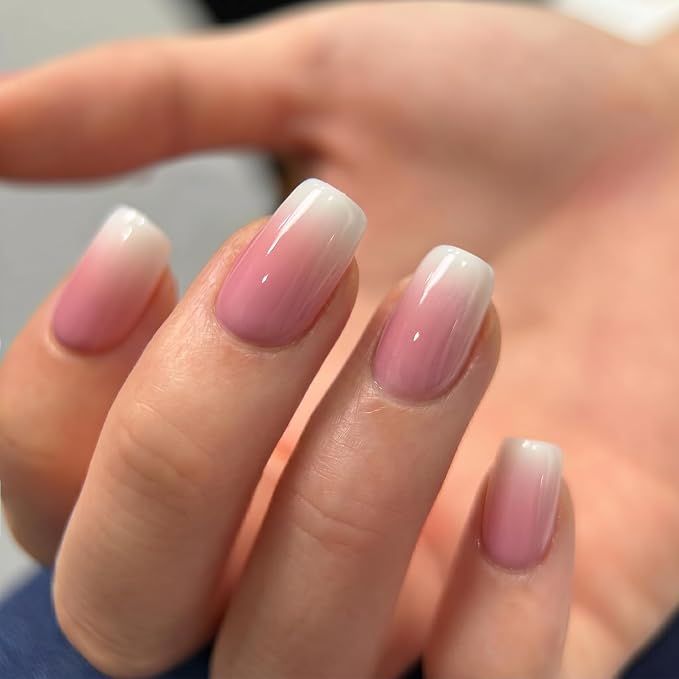 CurvLife Short Square Press On Nails, Ivory Pink Ombre,Soft Gel | 32PCS, 16 Sizes, Salon-Quality Natural Fake Nails, Curved Fit, 7-14 Day Glue-On Wear, Reusable Stick-On Nails, Press-On Kit