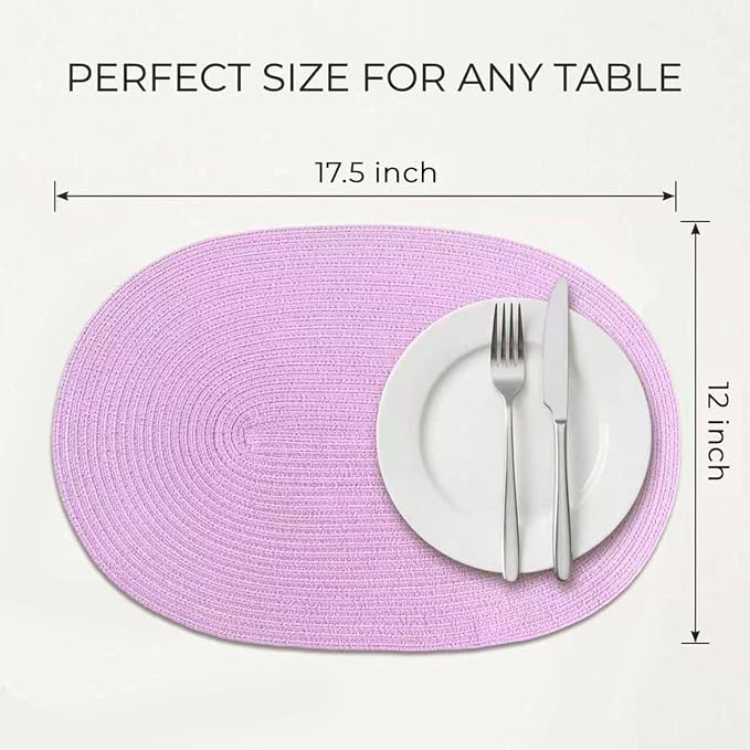 Placemats Set of 6, Woven Oval Braided Dining Table Mats(Lavender Purple) | 12 x 17.5 Inch Size Fits Plates and Flatware; Hand Washable and Heat Resistant for Kitchen Use, with Farmhouse and Boho Style