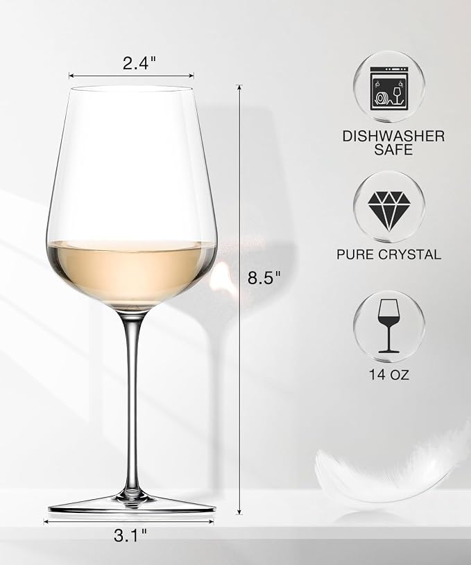 White Wine Glasses Set of 4, 14oz Crystal Hand Blown, Long Stem, Gift | Stemmed Red Wine Glass, Modern, Father's Day, Wedding, Anniversary, Birthday, Daily