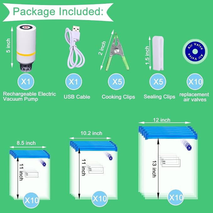 42 PCS Sous Vide Vacuum Sealer Set - 30 Reusable Bags, 5 Clips and Sealing Clips for Anova, Joule Cookers | 5 Clips and Sealing Clips for Anova, Joule Cookers Handheld Vacuum Sealer Machine, Seal Meal Saver, Portable Food Sealer
