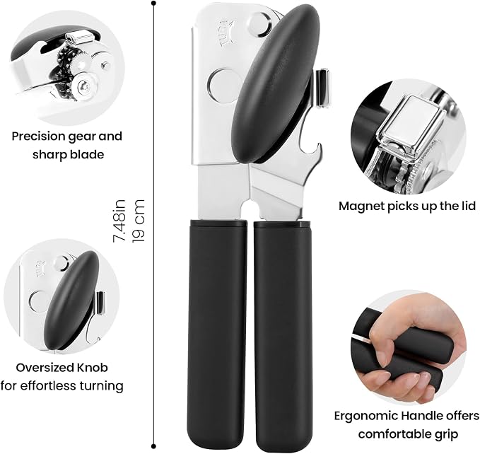 Can Opener Manual with Magnet Lift, Heavy Duty Handheld Smooth Edge Can Tin Opener for Seniors, Durable Sharp Cutting Blade,Easy Turn Knob Multifunctional Bottle Opener