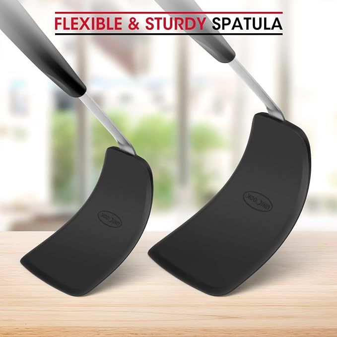 Unicook 4 Pack Flexible Silicone Spatula, Turner, 600F Heat Resistant, Ideal for Flipping Eggs, Burgers, Crepes and More, Black