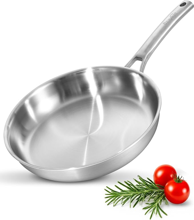 12 Inch Stainless Steel Frying Pan, Tri-Ply Clad Skillet | Induction Compatible Sauté Pan with Even Heat for Searing | Oven & Dishwasher Safe | Professional Restaurant Grade Cookware