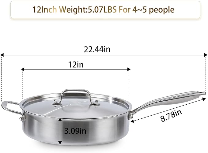 DELARLO 6QT Saute Pan Tri-Ply Stainless Steel Pan 12Inch Deep | Frying Pan with Steel cover, Kitchen Large Skillet ,Heavy Duty Style Compatible With All Cooktops Up to 650℉