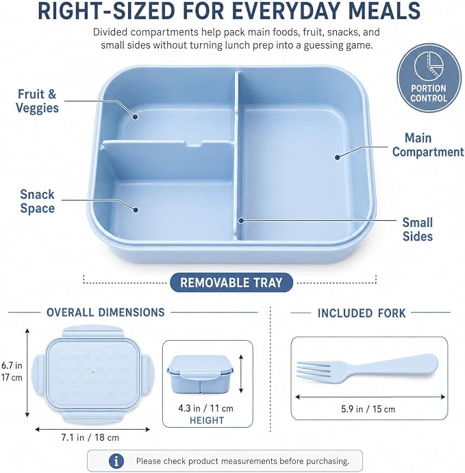 MISS BIG® Kids Bento Lunch Box, 1150ml 3 Compartments, Blue | Blue kids bento lunch box for school, daycare, and snack time