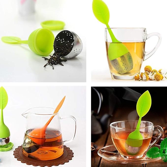 Tea Infuser Filter, Silicone Handle Loose Tea Infuser Tea Strainer, Stainless Steel Tea Ball Strainer with Leaf shaped for Tea Cups, Mugs, Teapots (Green Orange)