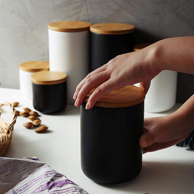 MilkyWay Food Storage Jar Ceramic Canisters With Airtight Seal Lid L 34oz | Durable Ceramic Material, Airtight Bamboo Lid, Modern Damp-Proof Design, Ideal For Coffee And Tea(White(L: 34oz/1000ml))