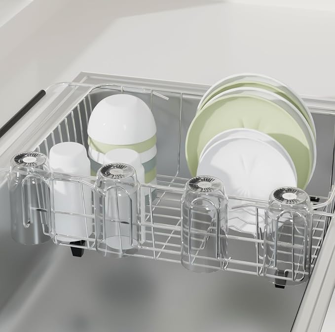 12 Inch, Stainless Steel Cup Drying Rack with 4 Hooks Kitchen Mug Holder | Vertical Bottle Drying Rack, Organizer for Glasses/Baby Bottles/Mugs, Dishwasher Safe, Strainer Basket Accessories