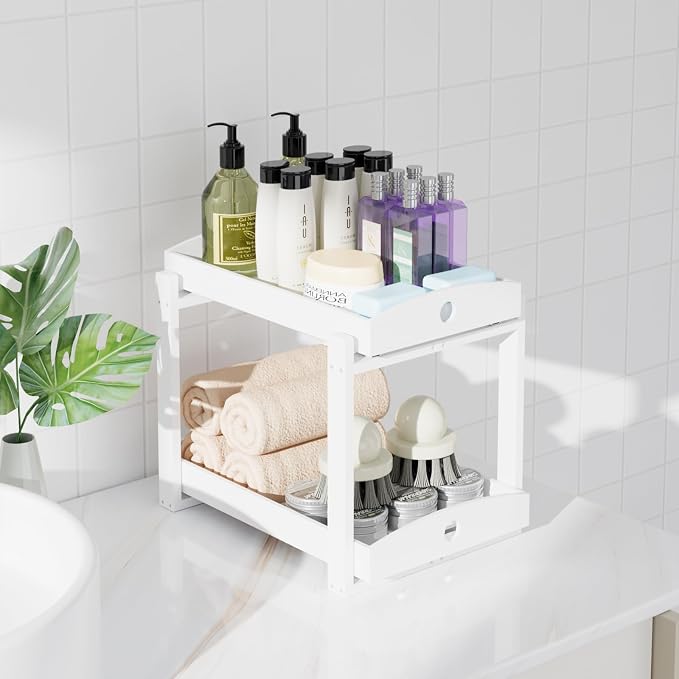 2 Pack Bamboo Under Sink Organizer, 2-Tier Sliding Drawers for Cabinets | Pull-out drawers keep cleaners and tall bottles visible, organized and easy to reach in kitchen or bathroom cabinets