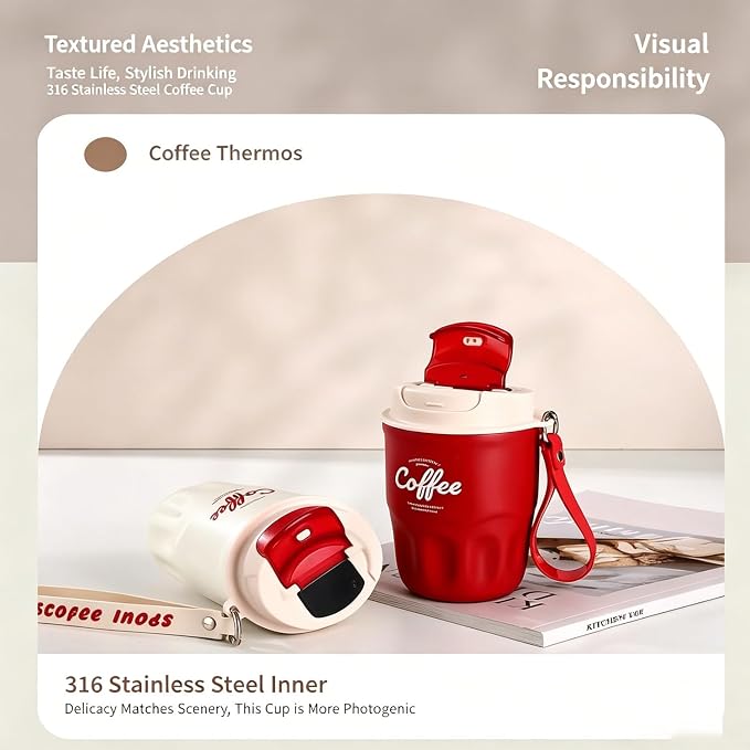 Coffee Vacuum Flask, Portable Coffee Cup with Lid & Handle, Lightweight Insulated Coffee Vacuum Flask, Travel Coffee Mug for Hot And Cold Drinks (Red, Temperature Display)
