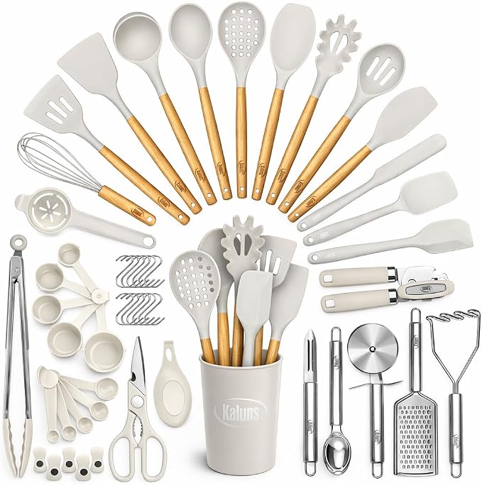 Kaluns 50 PCS Silicone Kitchen Utensils Set Complete Kitchen Set - 800°F Heat Resistant Non-Stick Premium Silicone Cooking Utensils W Wooden Handles - Can Opener, Masher, Turner, Silicone Spatula Set