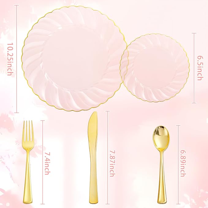 YOUBET 125Pieces Clear Pink Plastic Plates with Gold Rim - Gold Plastic Silverware Include 25 Dinner Plates 25 Dessert Plates 75 Golden Silverwares for Wedding Birthday & Parties Easter Mothers Day | Pink Plastic Dinnerware Set Include 25 Dinner Plates...