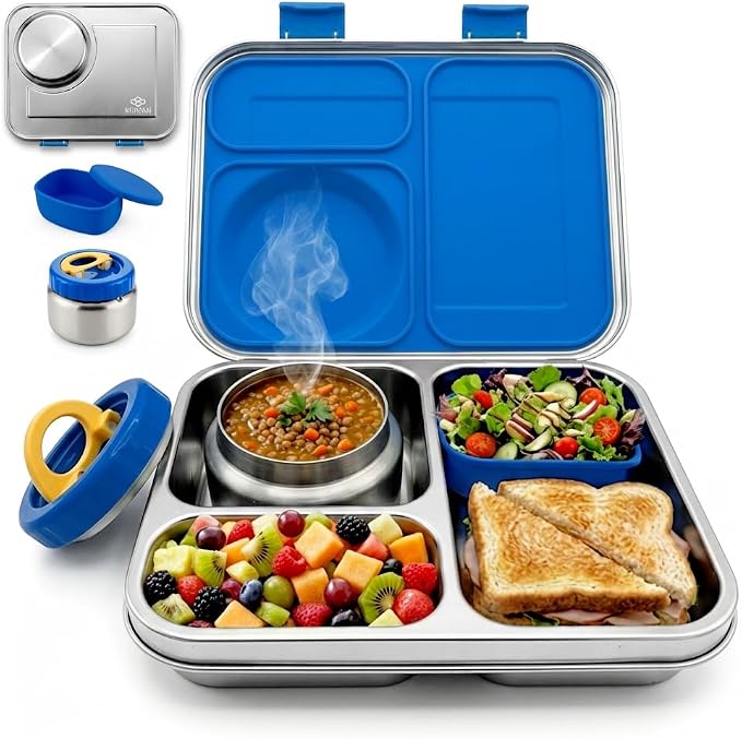 Stainless Steel Bento Lunch Box with 8 oz Insulated Food Jar – 54 oz – Leak-Resistant 3-Compartment Kids & Adult Metal Meal Container with Silicone Container and Thermo for Work & School, BPA-Free