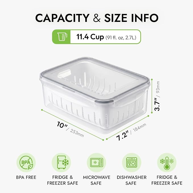 11.4 Cup Produce Saver Container for Fridge with Colander 2.7L | Airtight Fruit & Vegetable Storage Bin, Removable Strainer Basket, BPA-Free, Stackable, White Colander