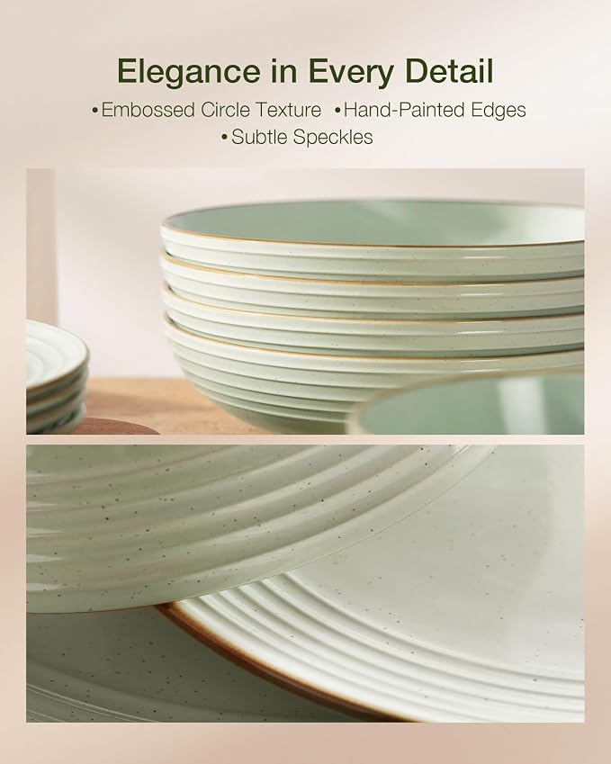 Famiware Jupiter Stoneware Dinnerware Sets for 8, Rimmed Plates and Bowls | 24-Piece Ceramic Speckled Dish Set, Chip & Scratch Resistant, Microwave & Dishwasher Safe, Rustic Modern Style, Neutral Green