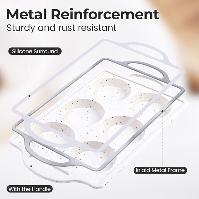 CAKETIME Muffin Top Pan, 3 Inch Metal Reinforced Frame Silicone Egg Mold for Breakfast Sandwiches Non Stick Round Silicone Egg Pan for Baking English Muffins, Whoopie Pies, Corn Bread, Tarts Confetti