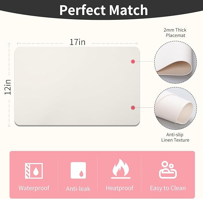 Maxpearl Faux Leather Placemats Set of 8, Easy to Clean, Ivory White | Waterproof - Heat Resistant - Non Slip - Wipe Clean Dining Table Place Mats, Suitable for Indoor & Outdoor Use, 17''×12''