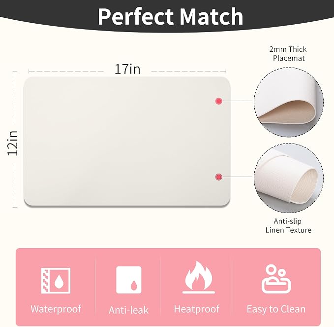 Maxpearl Faux Leather Placemats Set of 4, Easy to Clean, Ivory White | Waterproof - Heat Resistant - Non Slip - Wipe Clean Dining Table Place Mats, Suitable for Indoor & Outdoor Use, 17''×12''