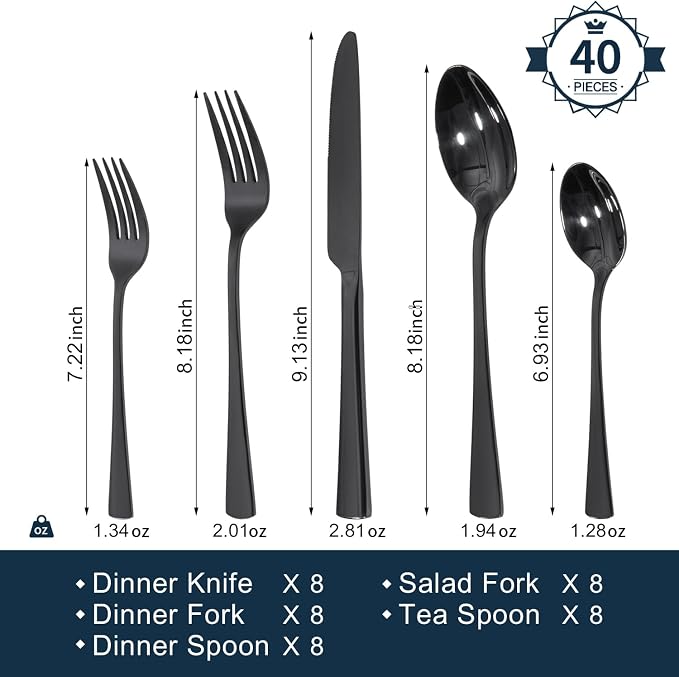 18/10 Flatware set for 8, 40 Piece Black Stainless Steel Silverware Set | KINGSTONE Forged Flatware Cutlery Set, Mirror Polished Knives Fork and Spoon Utensils, Dishwaher Safe for Home Wedding Party