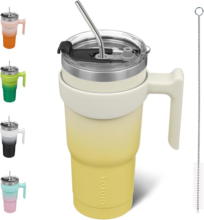 BJPKPK 20 oz Tumbler with Handle & Straw, Insulated Stainless Steel Mug | Double Wall Vacuum, Keeps Hot/Cold, Thermal Cup, BPA Free, Dishwasher Safe, Cupholder Fit, Coffee & Travel, Lemon
