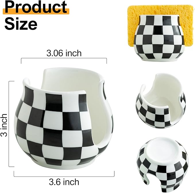 Zoeeker Sponge Holder for Kitchen Sink, Ceramic Checkered Sponge Organizer | Scrubby Caddy Kitchen Organizer Dish Brush Holder Cute Kitchen Gadgets Accessories, Farmhouse Kitchen Decor, Black and White