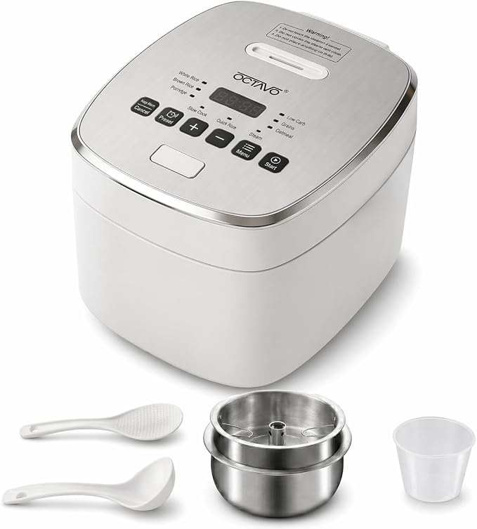 OCTAVO Low Carb Rice Cooker, 5-Cup Uncooked Stainless Steel Inner Pot, Low Sugar Rice Maker with 24H Timer and Auto Keep Warm, Small Rice Maker LED Display, White Rice/Brown Rice/Grains/Oatmeal