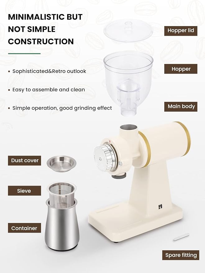 Huanyu 60mm Flat Burr Coffee Grinder, Retro Cream White for Home Cafe | Stainless steel burr, 8 precision grind settings, 250g hopper, magnetic anti-splash outlet, sifting cup, for home cafe, 200w