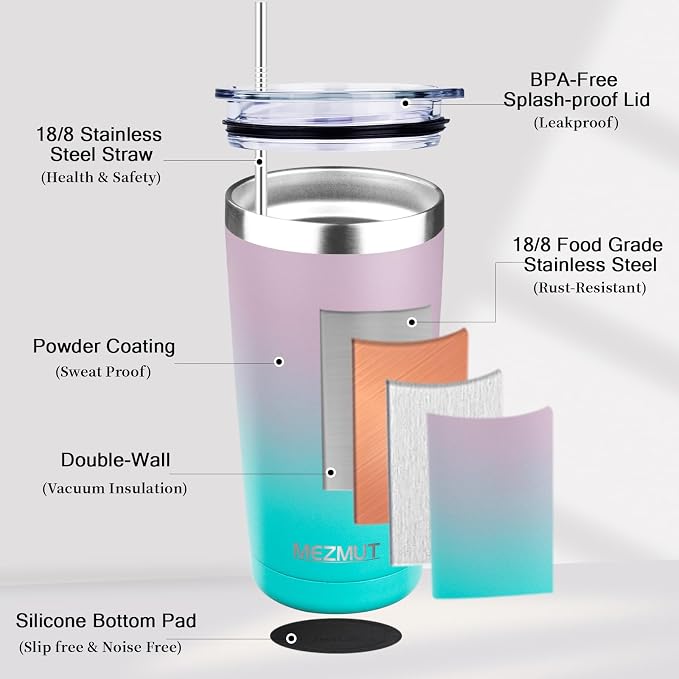 MEZMUT 20oz Insulated Tumbler Travel Coffee Mug with Lid Straw(Lavender,1) | 18/8 Stainless Steel Double Wall Vacuum Spill Proof Metal Insulated Tumbler with Daul Lid and Straw, Hot or Iced Coffee Cup